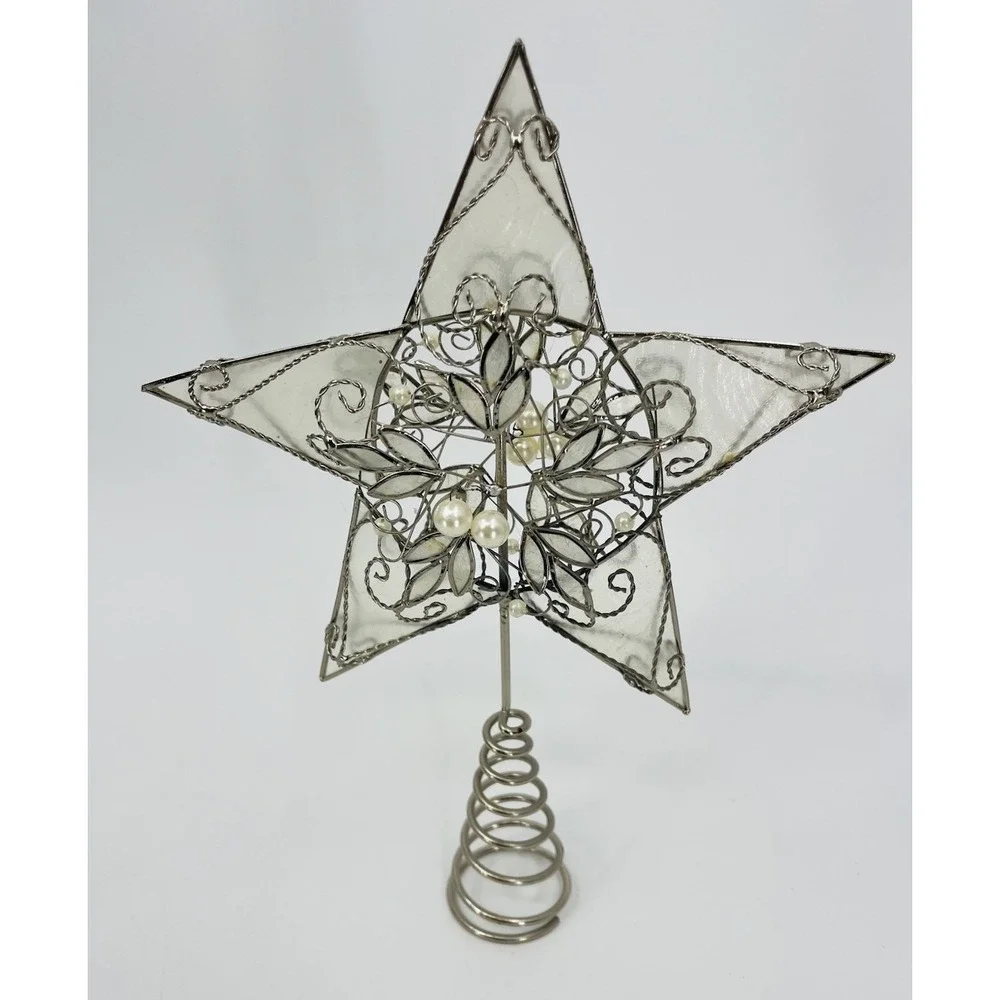 Capiz Shell Silver Star Christmas Tree Topper with Faux Pearls and‎ Scrolls